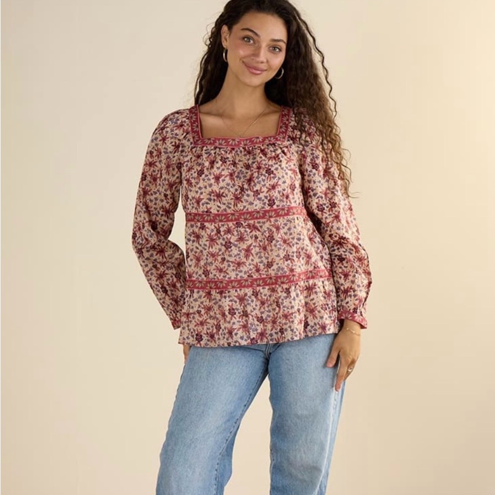 Floral Square-Neck Long Sleeve Peasant Top - Rose Multi